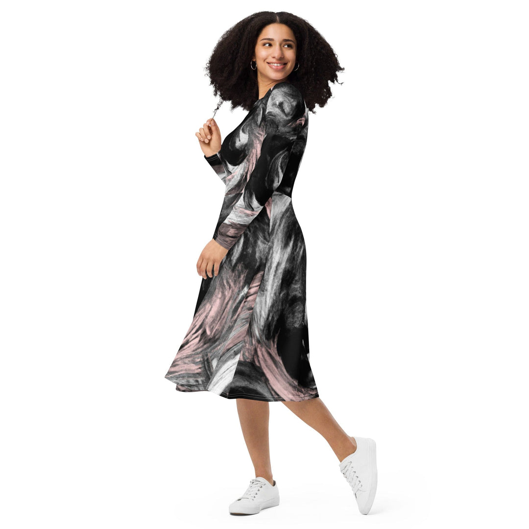 Womens Long Sleeve Midi Dress Black Pink White Abstract Pattern - Womens