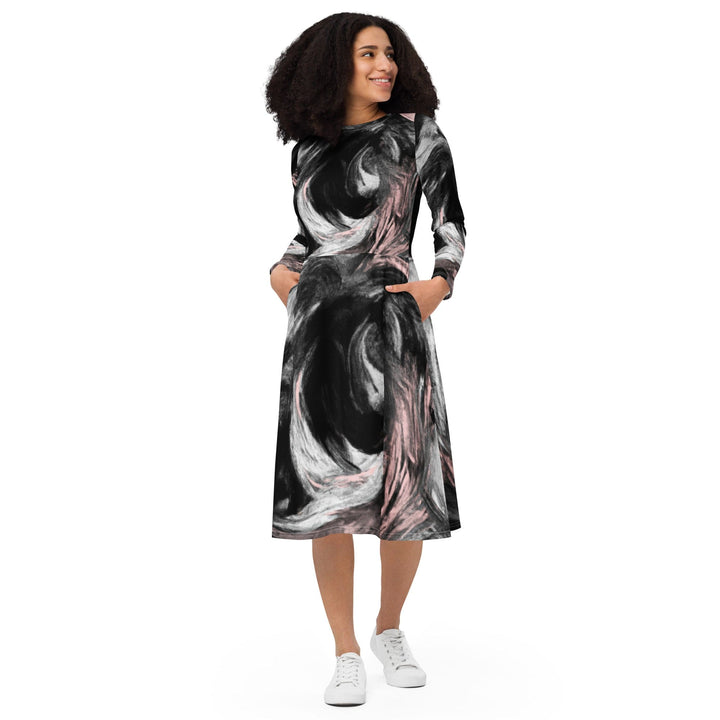 Womens Long Sleeve Midi Dress Black Pink White Abstract Pattern - Womens