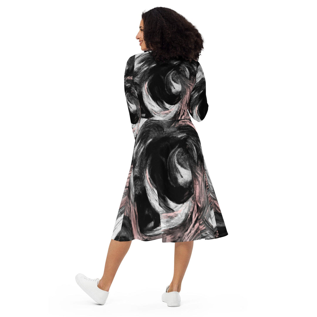 Womens Long Sleeve Midi Dress Black Pink White Abstract Pattern - Womens