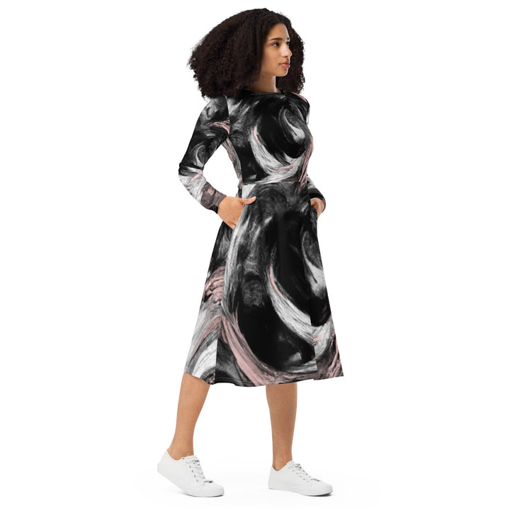 Womens Long Sleeve Midi Dress Black Pink White Abstract Pattern - Womens