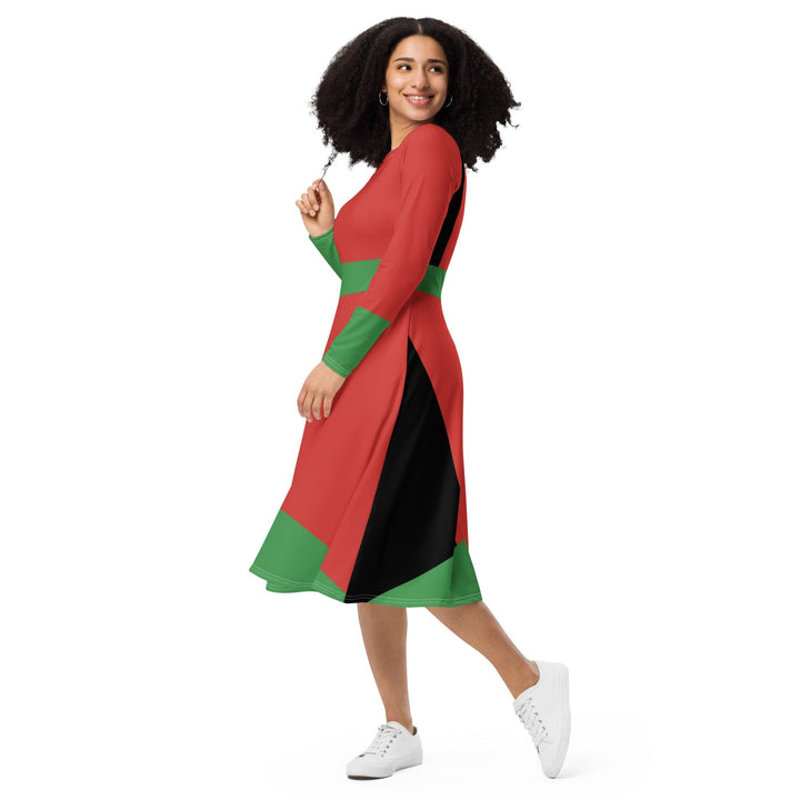 Womens Long Sleeve Midi Dress - Black Red Green Stripped