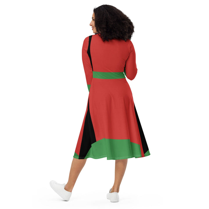 Womens Long Sleeve Midi Dress - Black Red Green Stripped