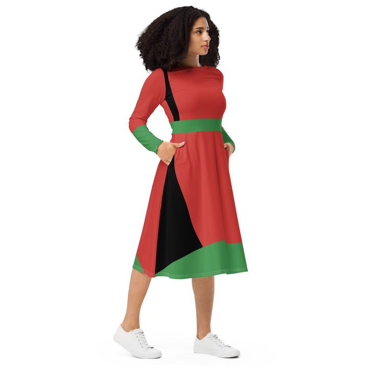 Womens Long Sleeve Midi Dress - Black Red Green Stripped