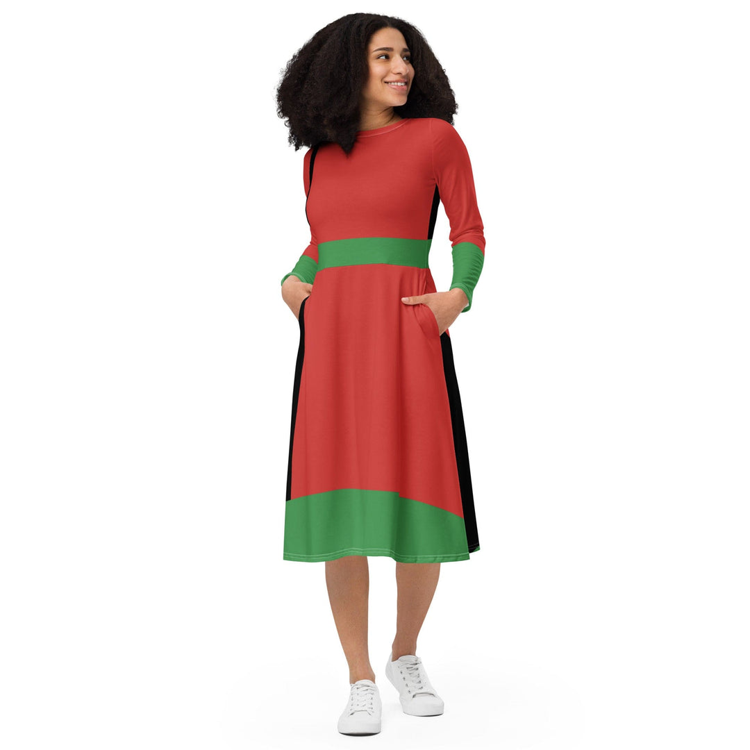 Womens Long Sleeve Midi Dress - Black Red Green Stripped