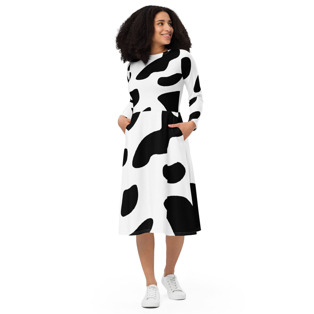 Womens Long Sleeve Midi Dress - Black White Cow Print - Womens/Dresses/MIDI/AOP
