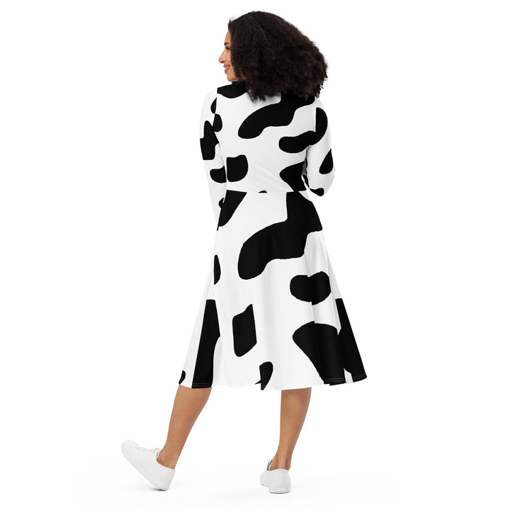 Womens Long Sleeve Midi Dress - Black White Cow Print - Womens/Dresses/MIDI/AOP