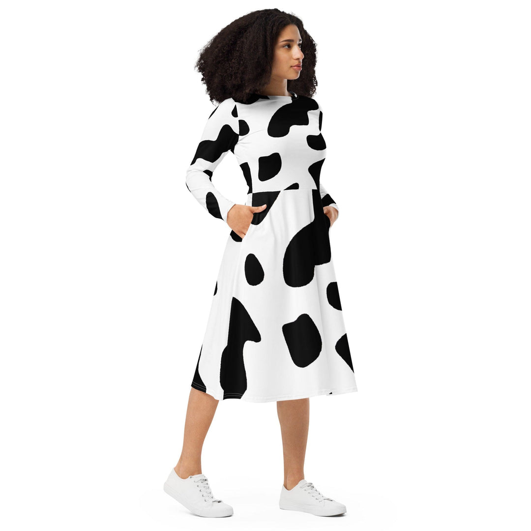 Womens Long Sleeve Midi Dress - Black White Cow Print - Womens/Dresses/MIDI/AOP