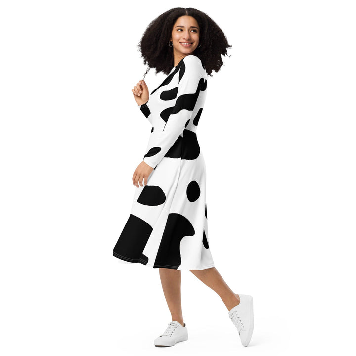 Womens Long Sleeve Midi Dress - Black White Cow Print - Womens/Dresses/MIDI/AOP