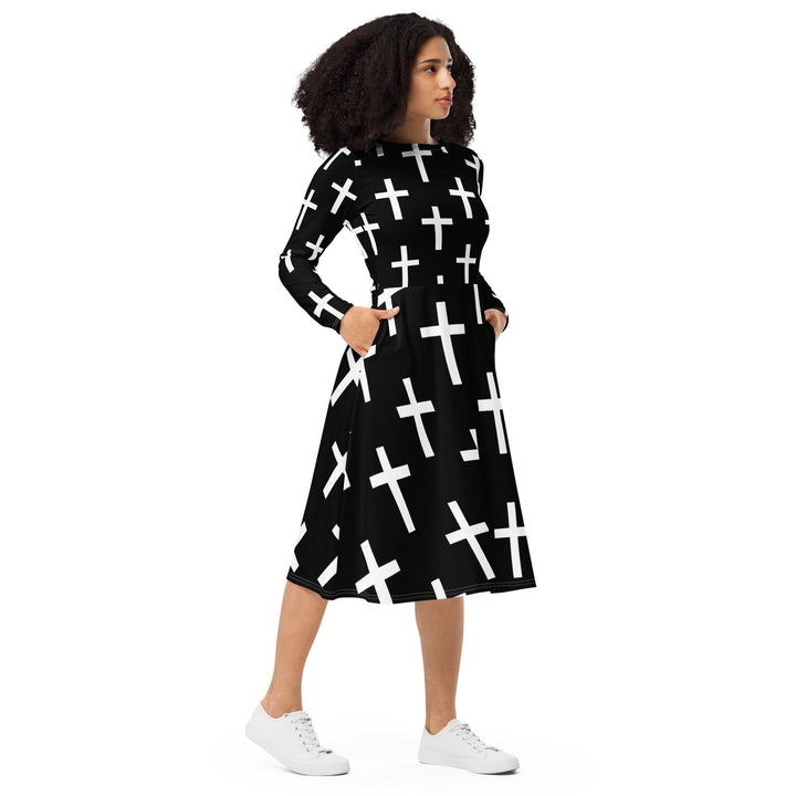 Womens Long Sleeve Midi Dress Black White Cross Print - Womens | Dresses | MIDI