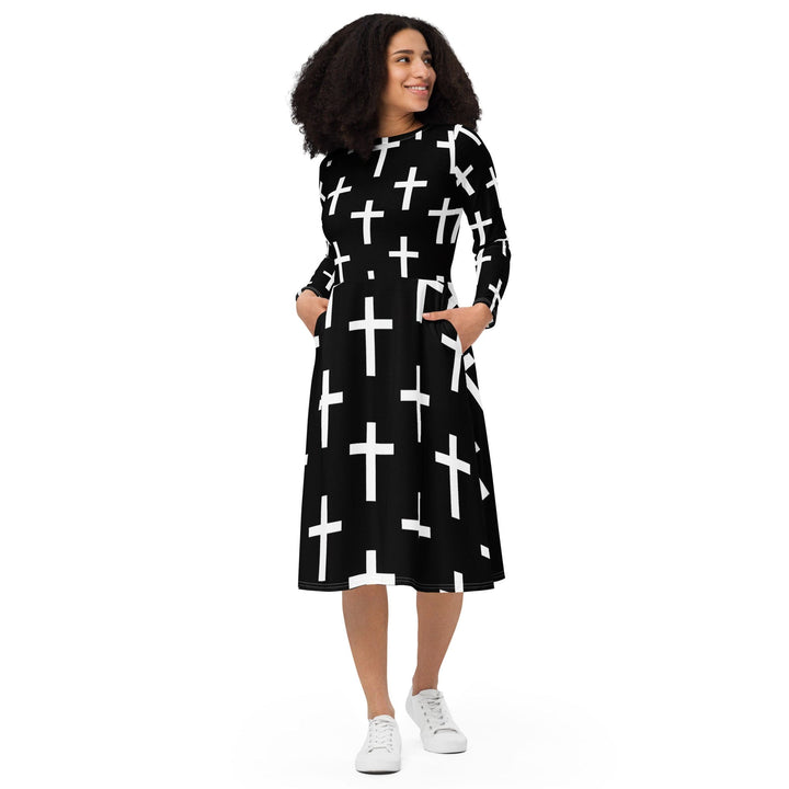 Womens Long Sleeve Midi Dress Black White Cross Print - Womens | Dresses | MIDI