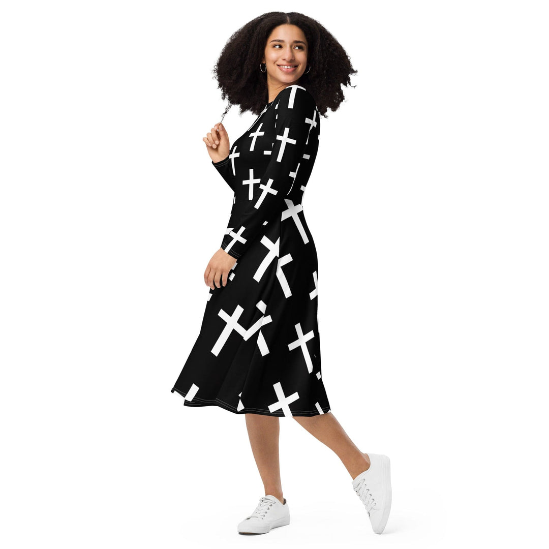 Womens Long Sleeve Midi Dress Black White Cross Print - Womens | Dresses | MIDI