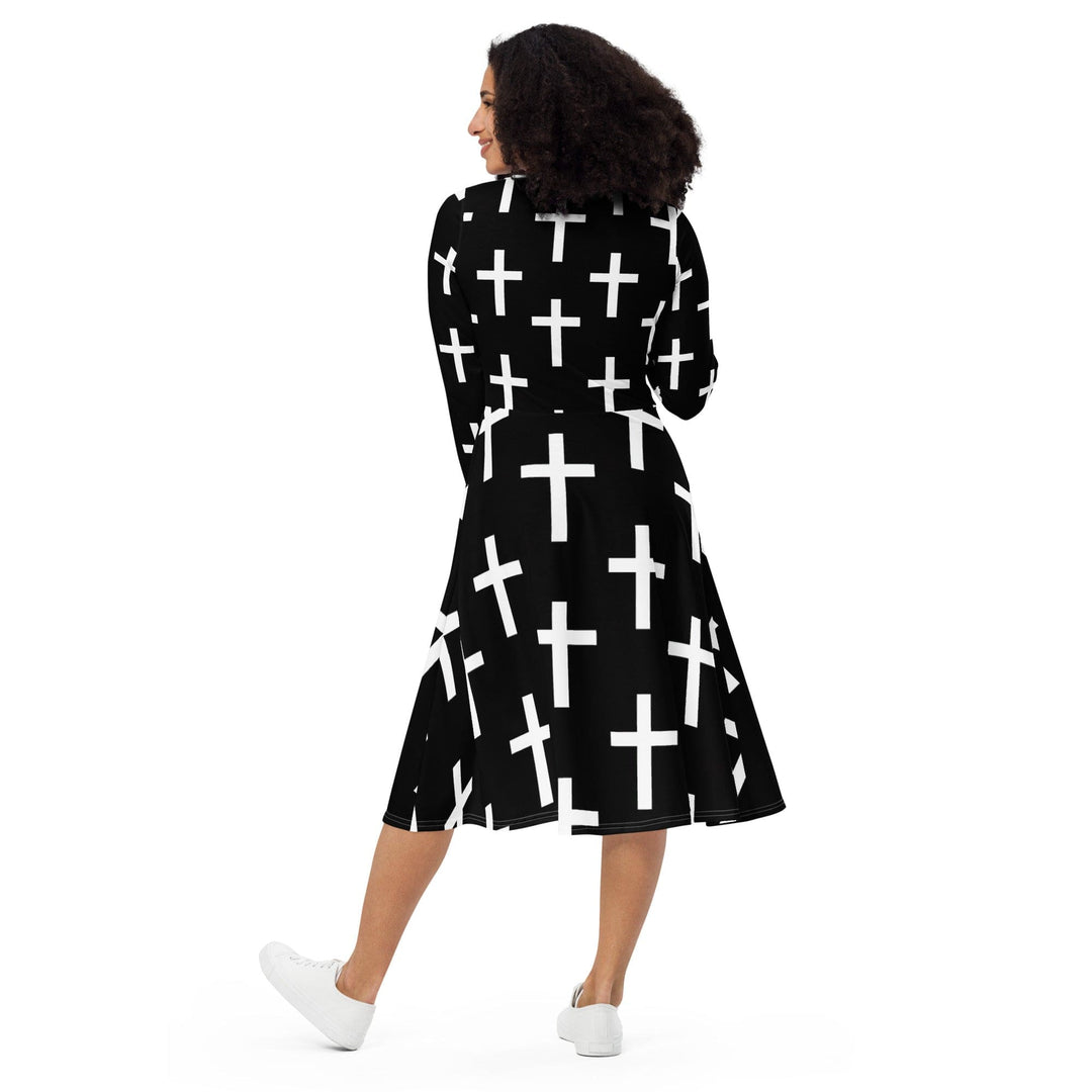 Womens Long Sleeve Midi Dress Black White Cross Print - Womens | Dresses | MIDI