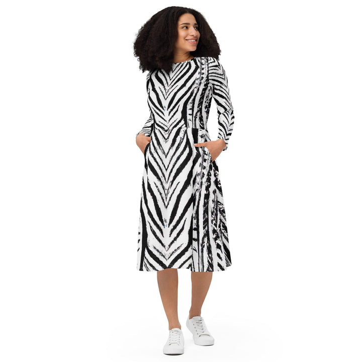 Womens Long Sleeve Midi Dress Black White Native Print - Womens | Dresses