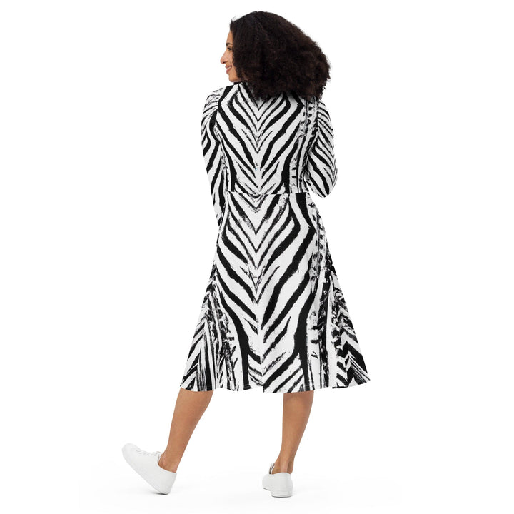 Womens Long Sleeve Midi Dress Black White Native Print - Womens | Dresses