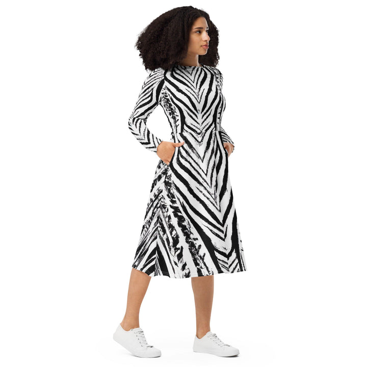 Womens Long Sleeve Midi Dress Black White Native Print - Womens | Dresses