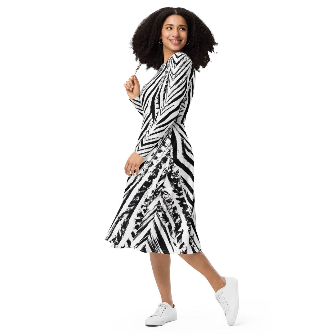 Womens Long Sleeve Midi Dress Black White Native Print - Womens | Dresses