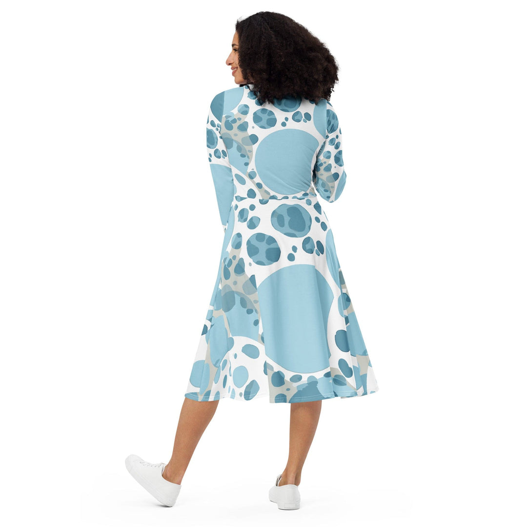 Womens Long Sleeve Midi Dress Blue and White Circular Spotted - Womens