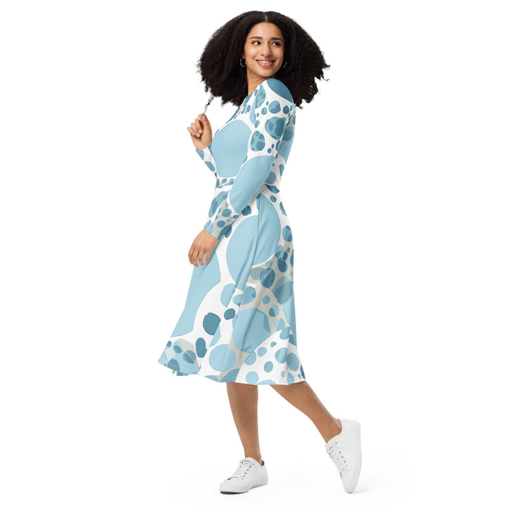 Womens Long Sleeve Midi Dress Blue and White Circular Spotted - Womens