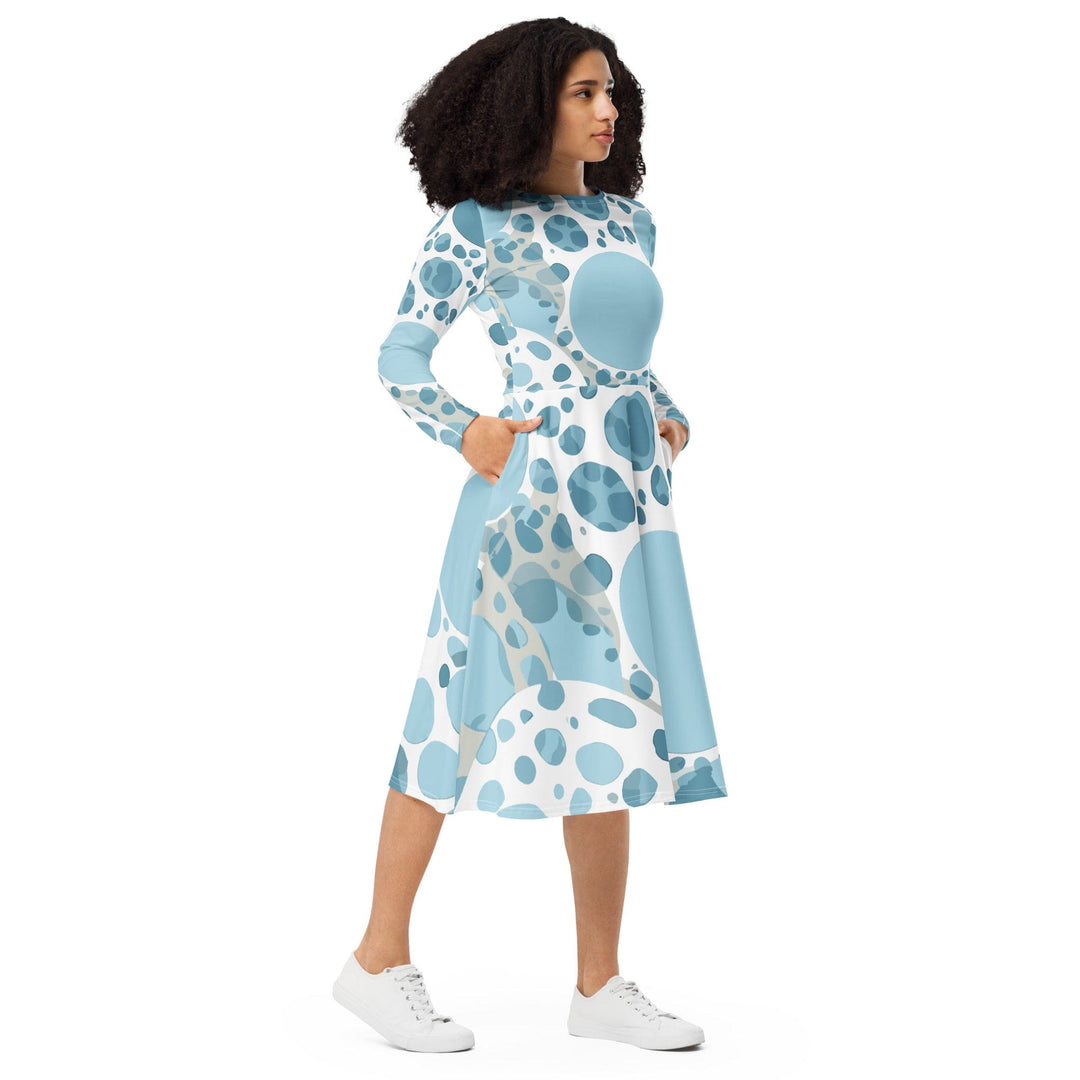 Womens Long Sleeve Midi Dress Blue and White Circular Spotted - Womens