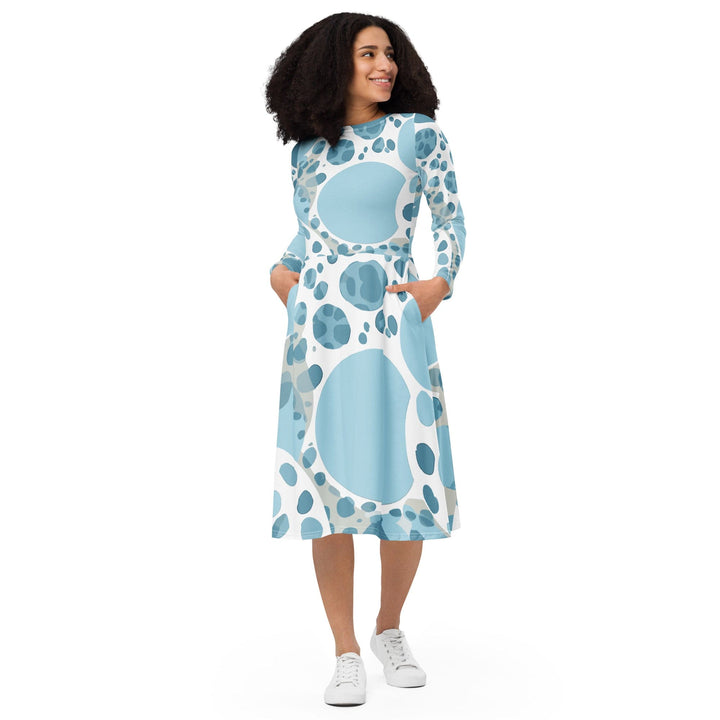 Womens Long Sleeve Midi Dress Blue and White Circular Spotted - Womens