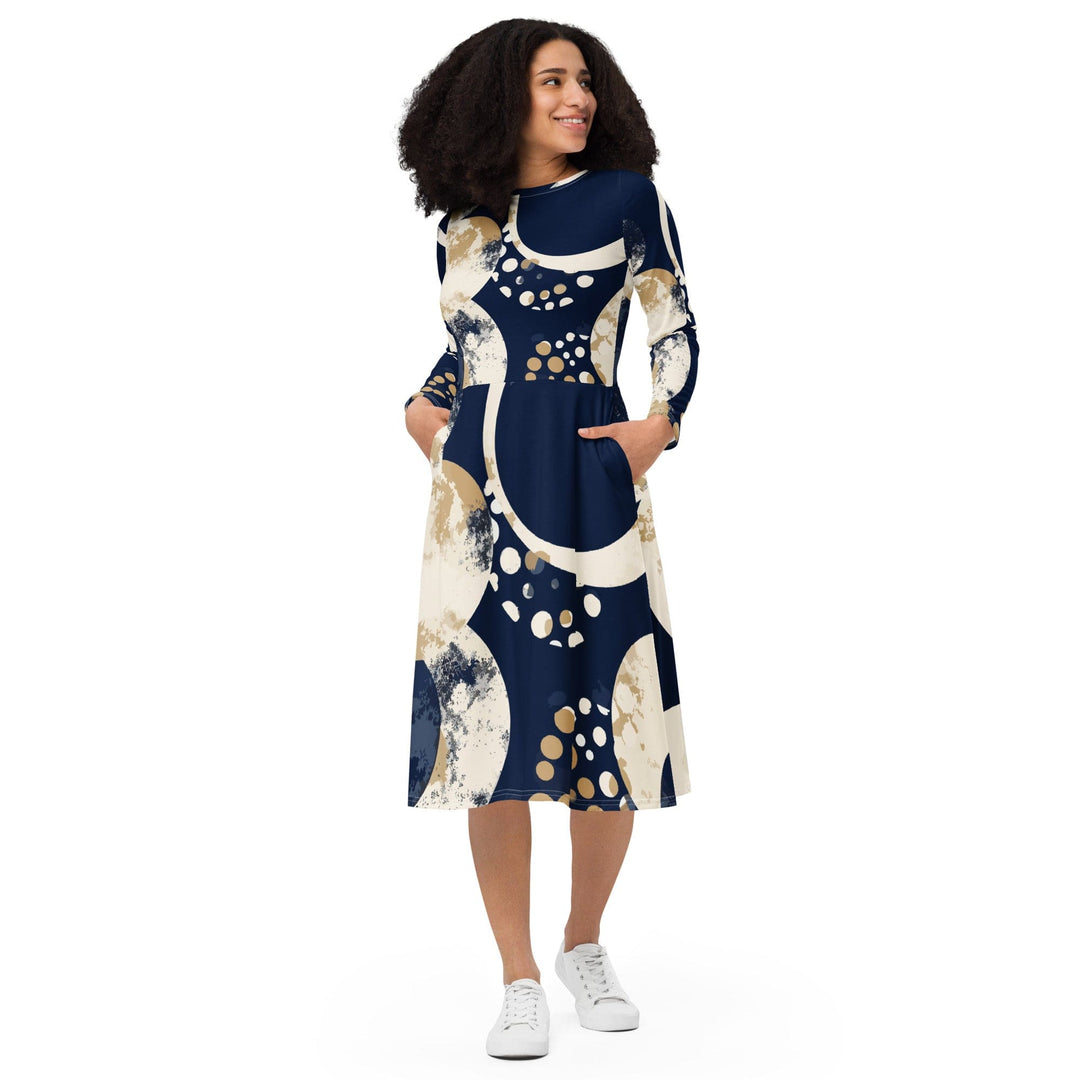 Womens Long Sleeve Midi Dress Blue Beige Spotted Print - Womens | Dresses