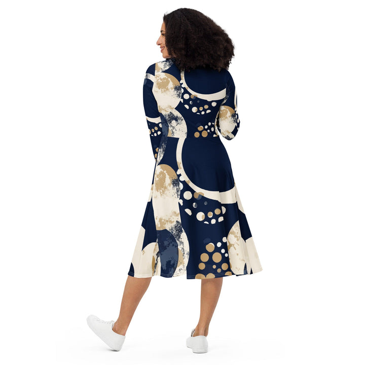 Womens Long Sleeve Midi Dress Blue Beige Spotted Print - Womens | Dresses