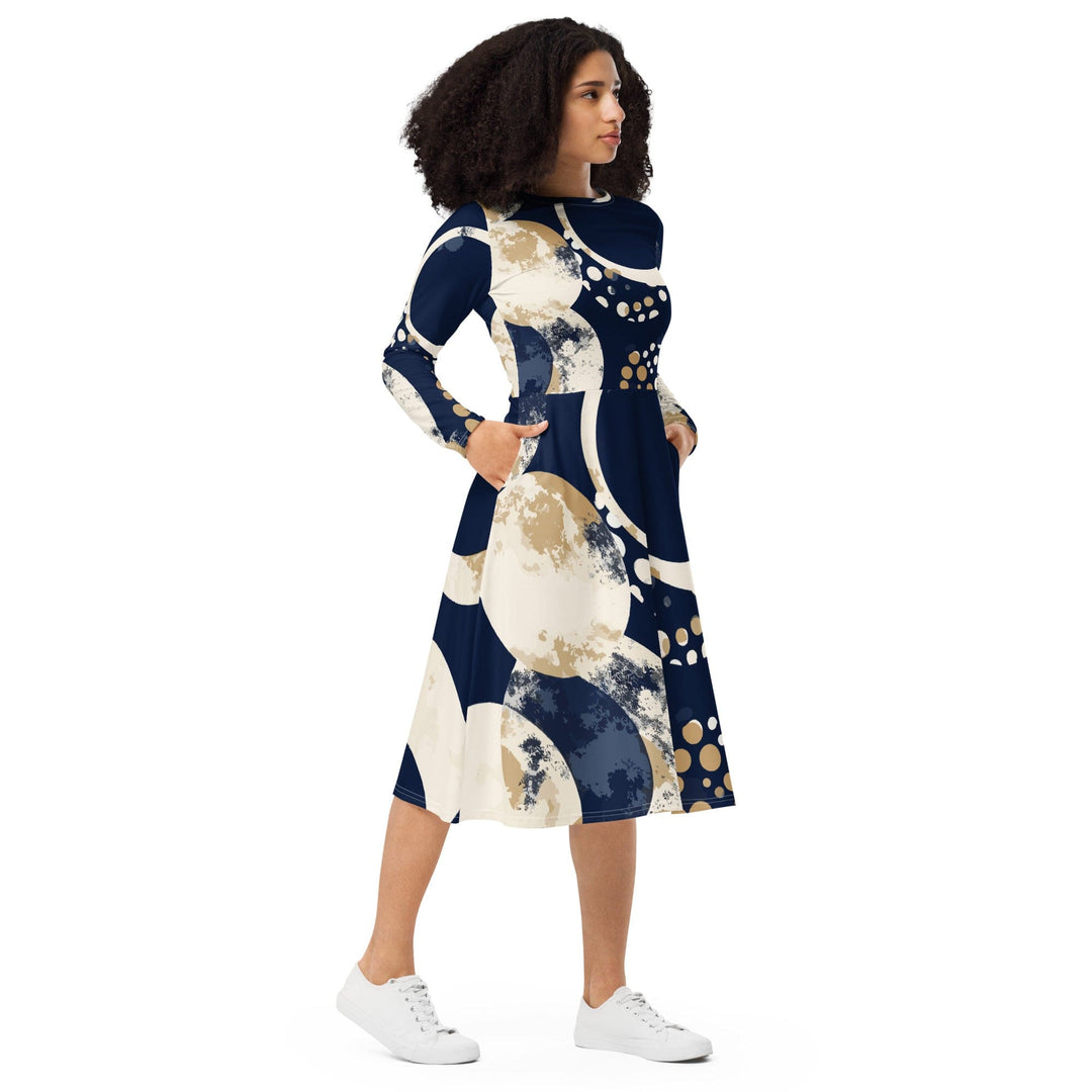 Womens Long Sleeve Midi Dress Blue Beige Spotted Print - Womens | Dresses