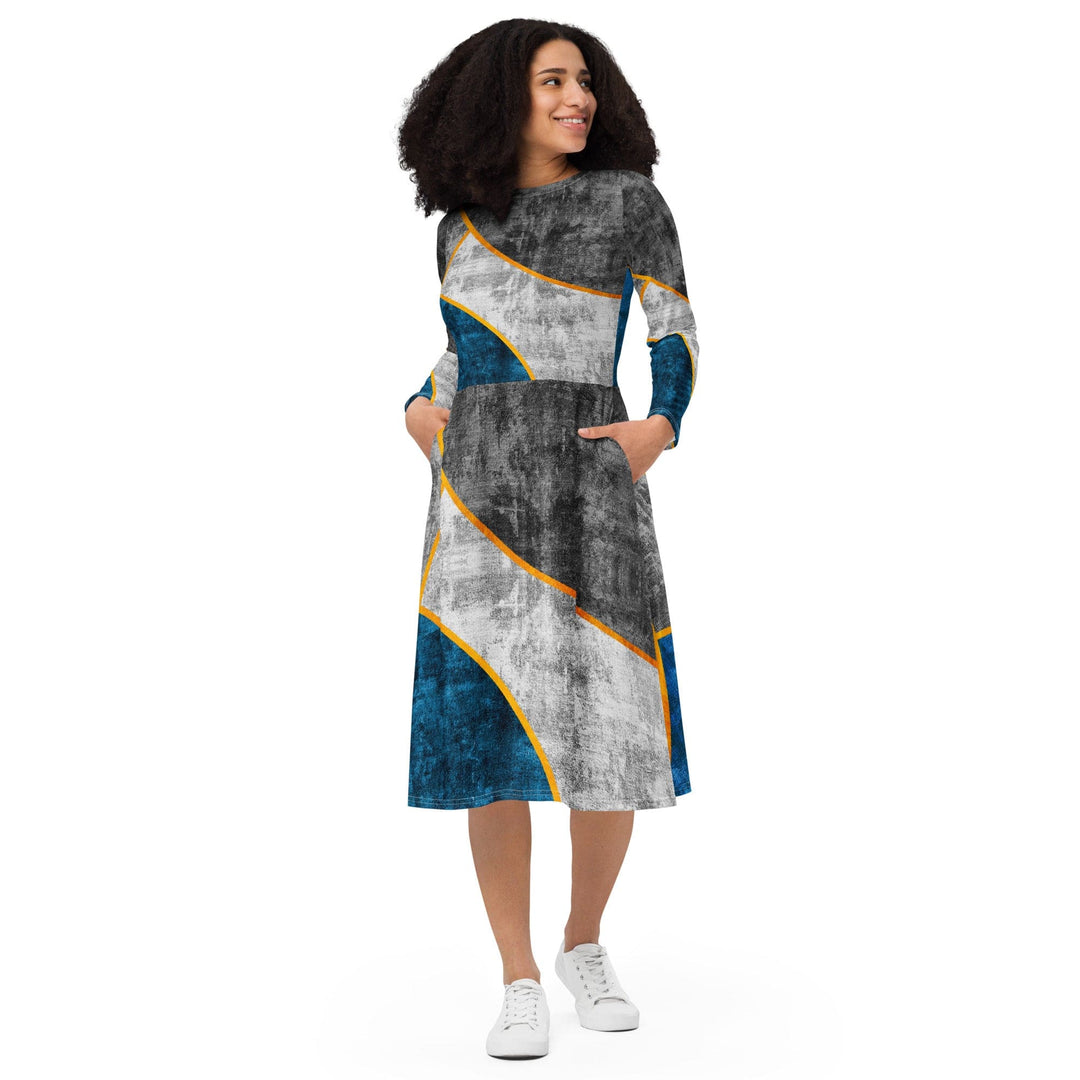 Womens Long Sleeve Midi Dress Blue Grey Design - Womens | Dresses | MIDI | AOP