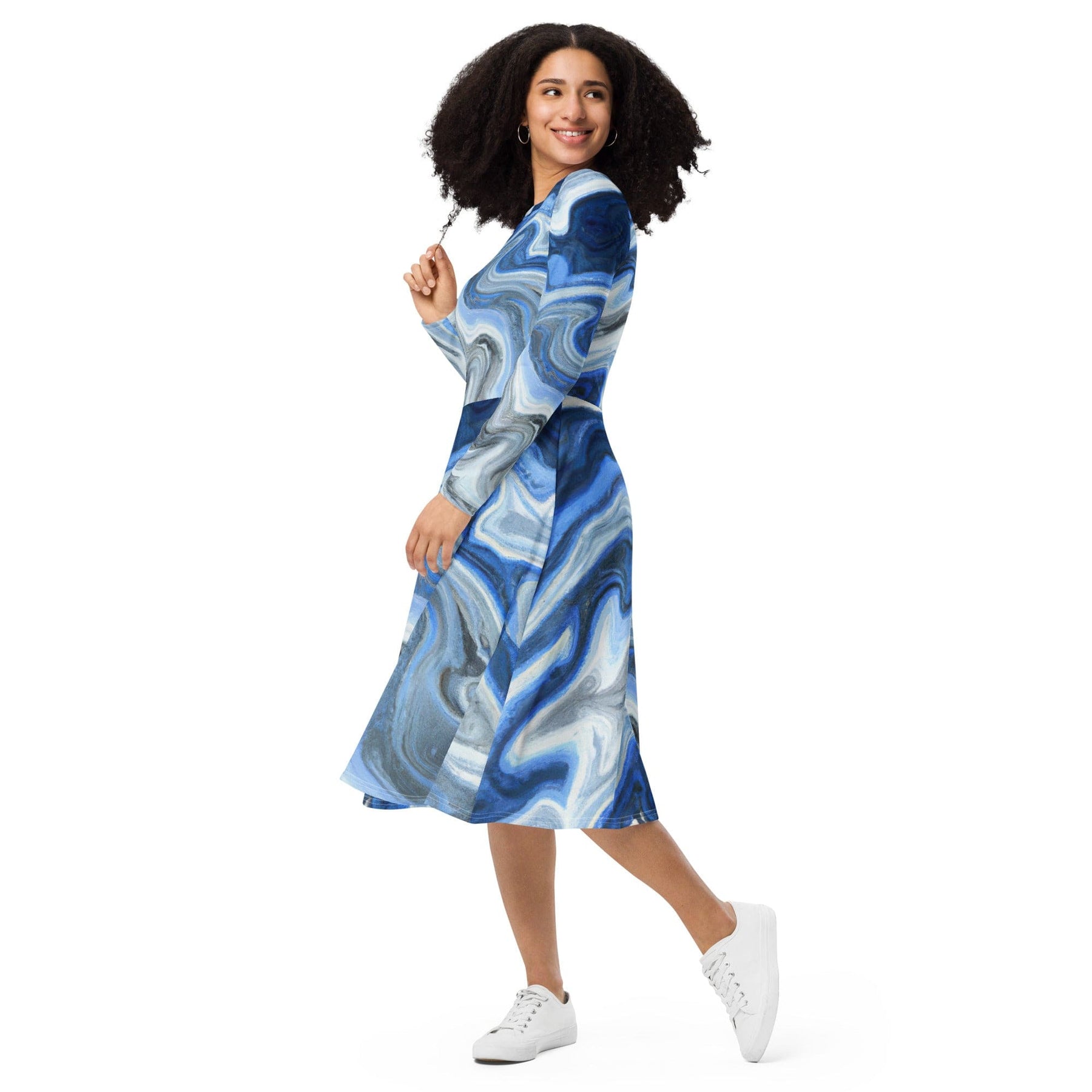 Blue Inque Womens Long Sleeve Midi Dress - Blue Grey Marble Print – inQue.Style