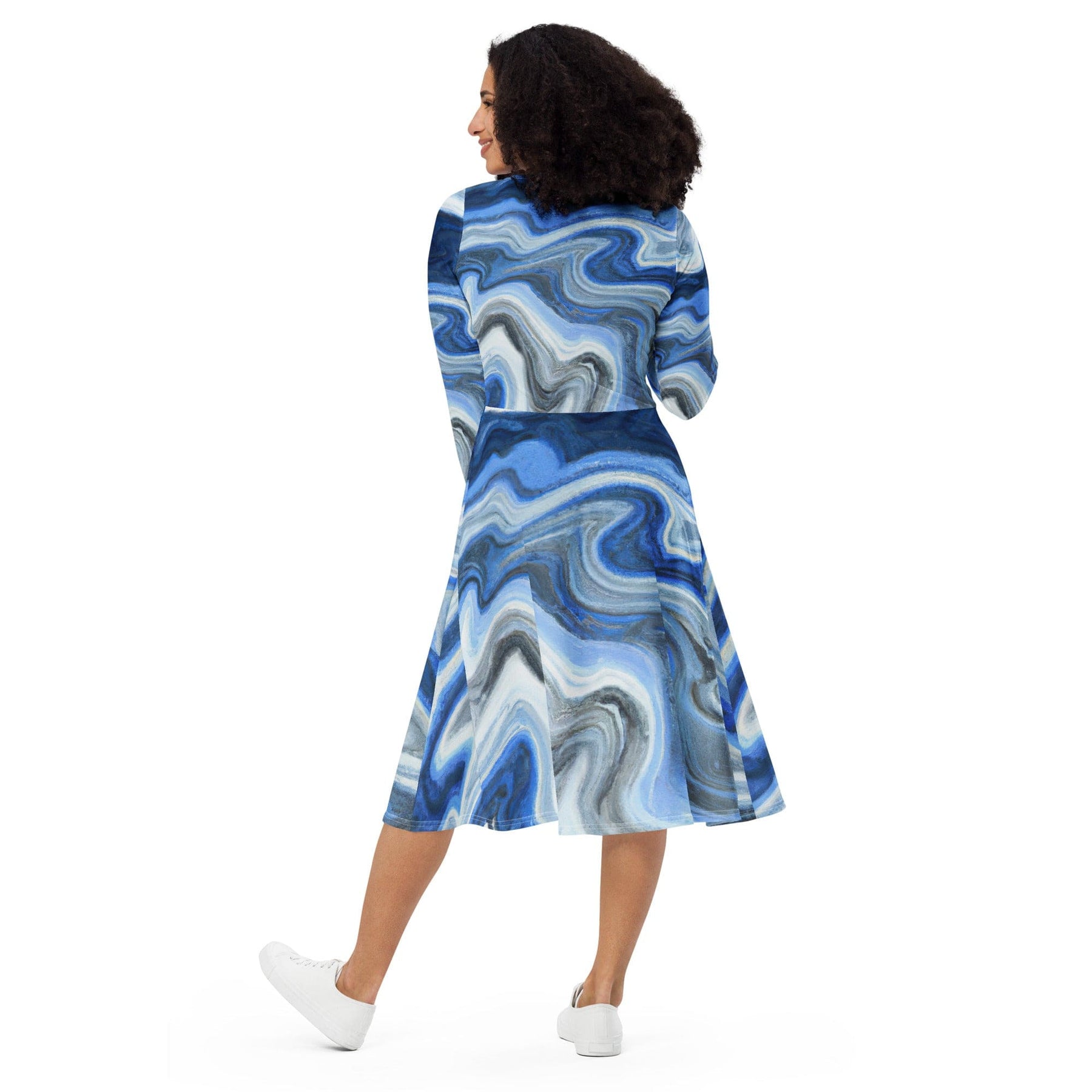 Womens Long Sleeve Midi Dress - Blue Grey Marble Print – inQue.Style