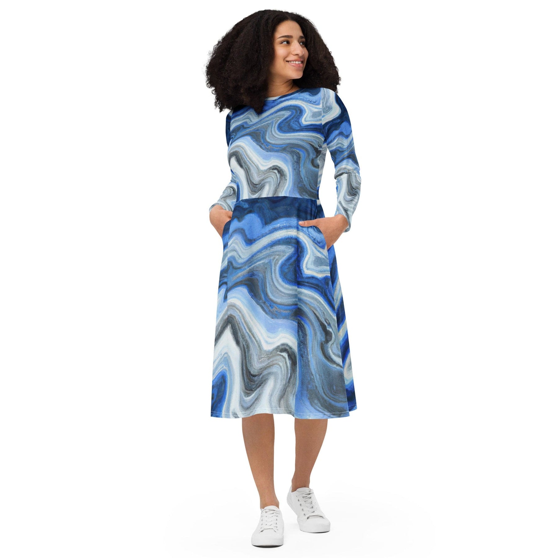 Womens Long Sleeve Midi Dress - Blue Grey Marble Print – inQue.Style