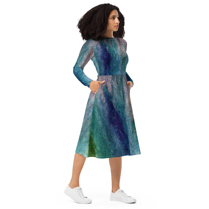 Womens Long Sleeve Midi Dress Blue Hue Watercolor Abstract Print - Womens