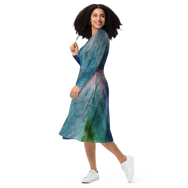 Womens Long Sleeve Midi Dress Blue Hue Watercolor Abstract Print - Womens