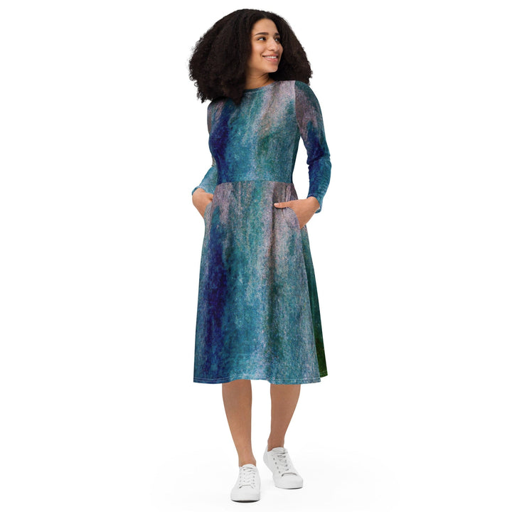 Womens Long Sleeve Midi Dress Blue Hue Watercolor Abstract Print - Womens