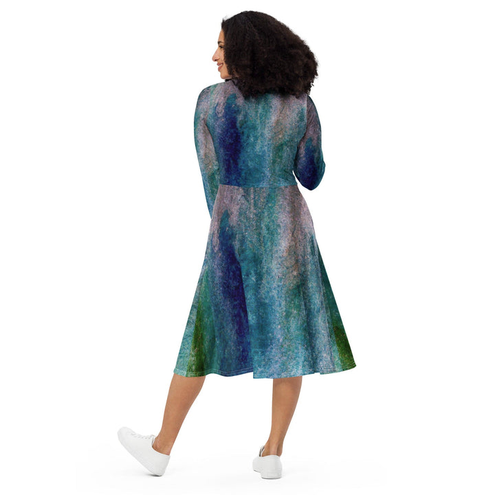 Womens Long Sleeve Midi Dress Blue Hue Watercolor Abstract Print - Womens