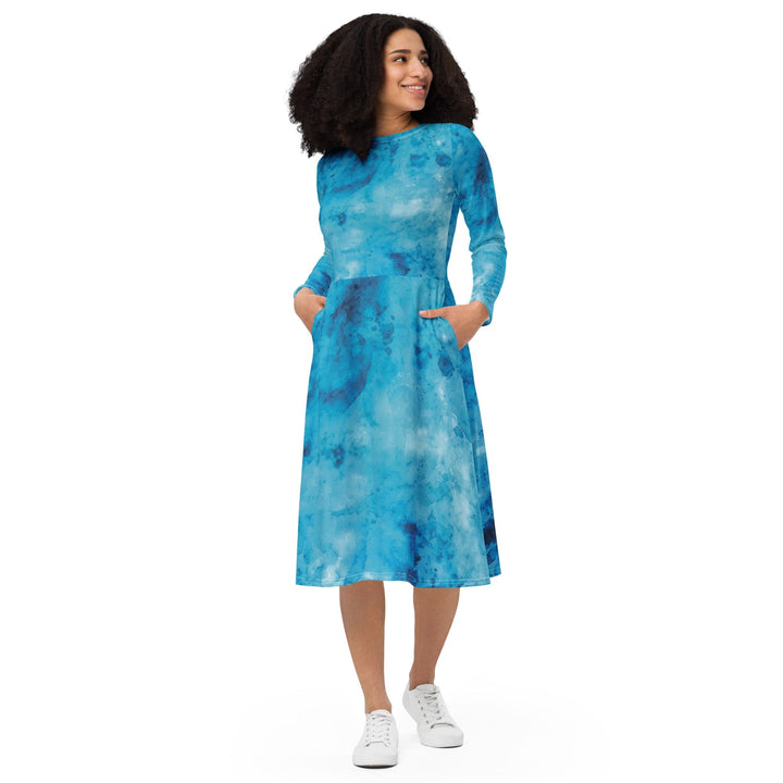 Womens Long Sleeve Midi Dress - Blue Marble Print - Womens/Dresses/MIDI/AOP