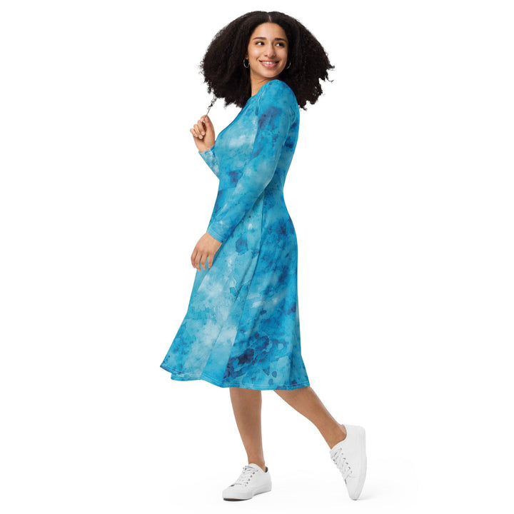 Womens Long Sleeve Midi Dress - Blue Marble Print - Womens/Dresses/MIDI/AOP