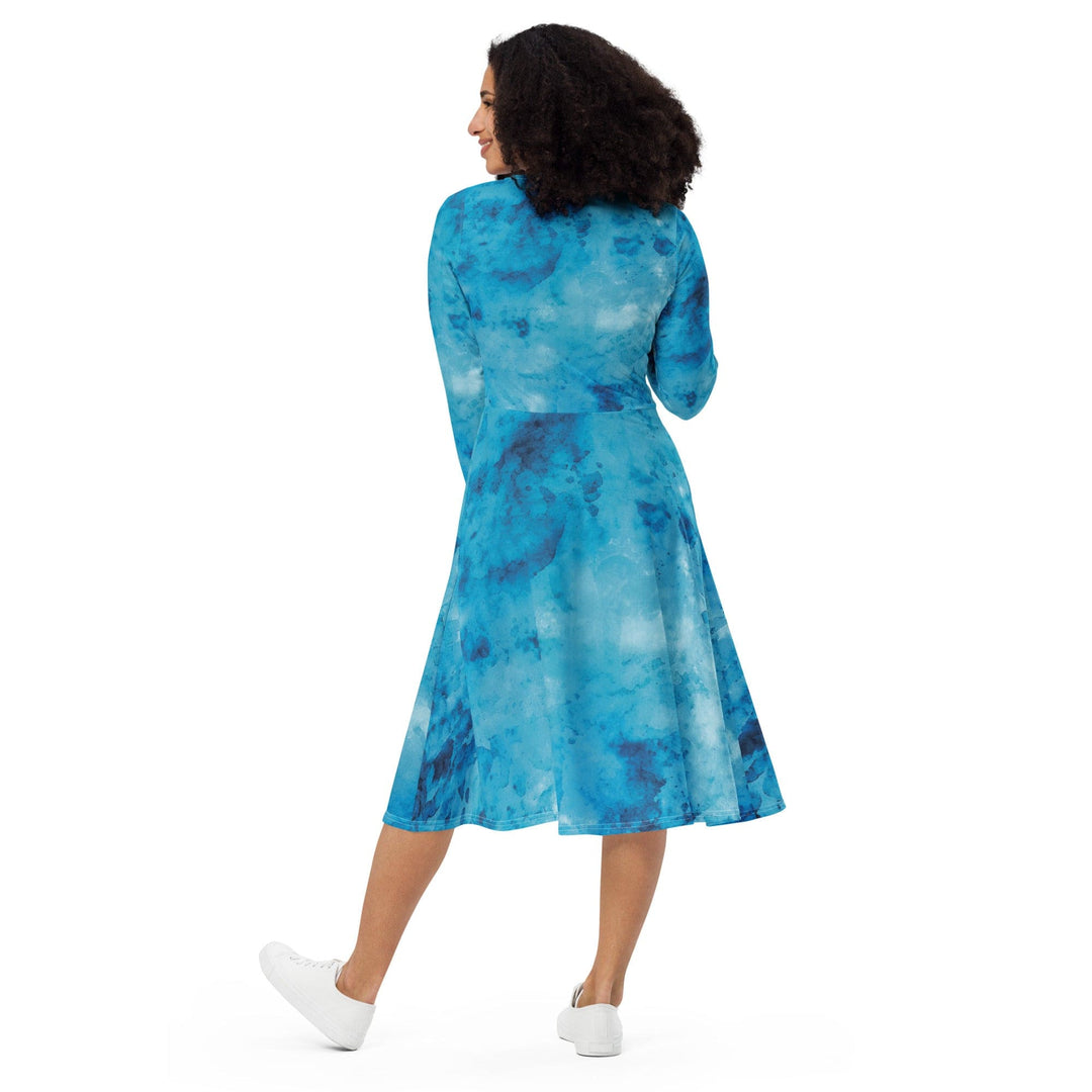 Womens Long Sleeve Midi Dress - Blue Marble Print - Womens/Dresses/MIDI/AOP