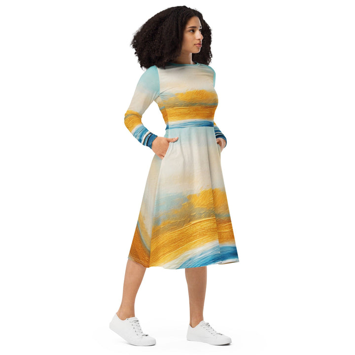 Womens Long Sleeve Midi Dress Blue Ocean Golden Sunset Print 2 - Womens