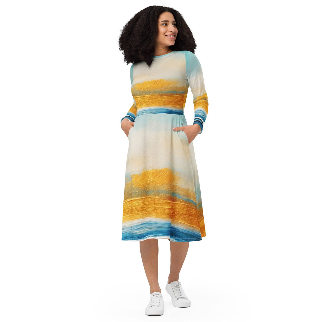 Womens Long Sleeve Midi Dress Blue Ocean Golden Sunset Print 2 - Womens