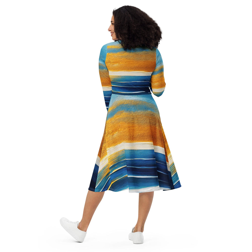 Womens Long Sleeve Midi Dress - Blue Ocean Golden Sunset Print 3