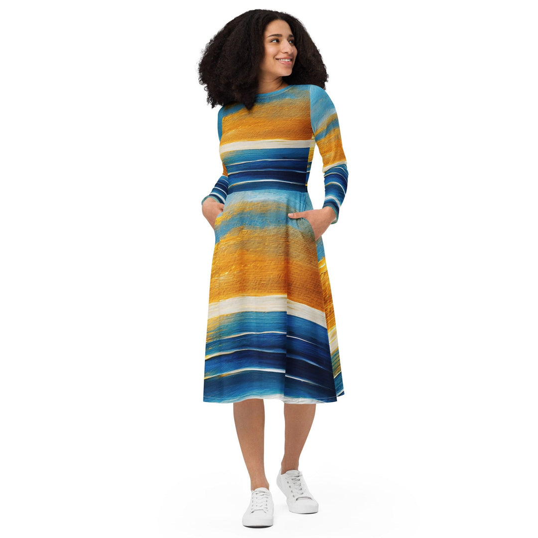 Womens Long Sleeve Midi Dress - Blue Ocean Golden Sunset Print 3