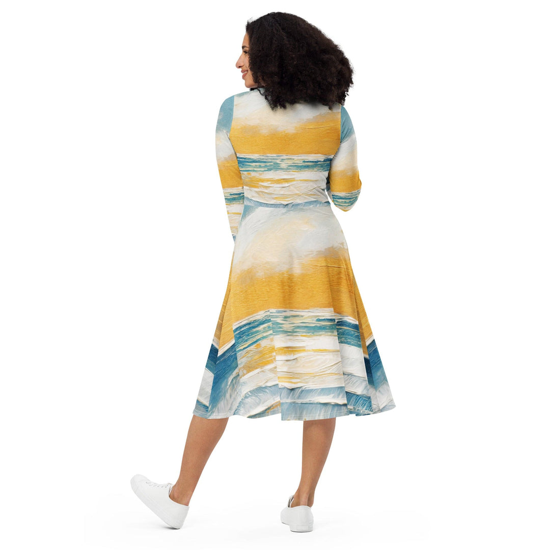 Womens Long Sleeve Midi Dress - Blue Ocean Golden Sunset Print