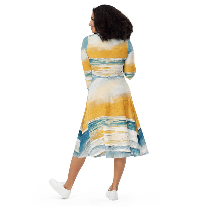 Womens Long Sleeve Midi Dress - Blue Ocean Golden Sunset Print
