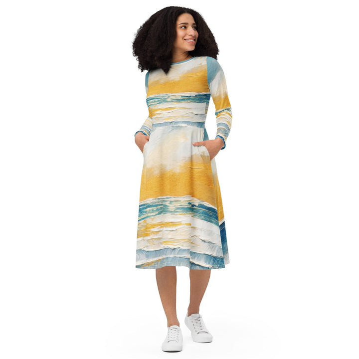 Womens Long Sleeve Midi Dress - Blue Ocean Golden Sunset Print