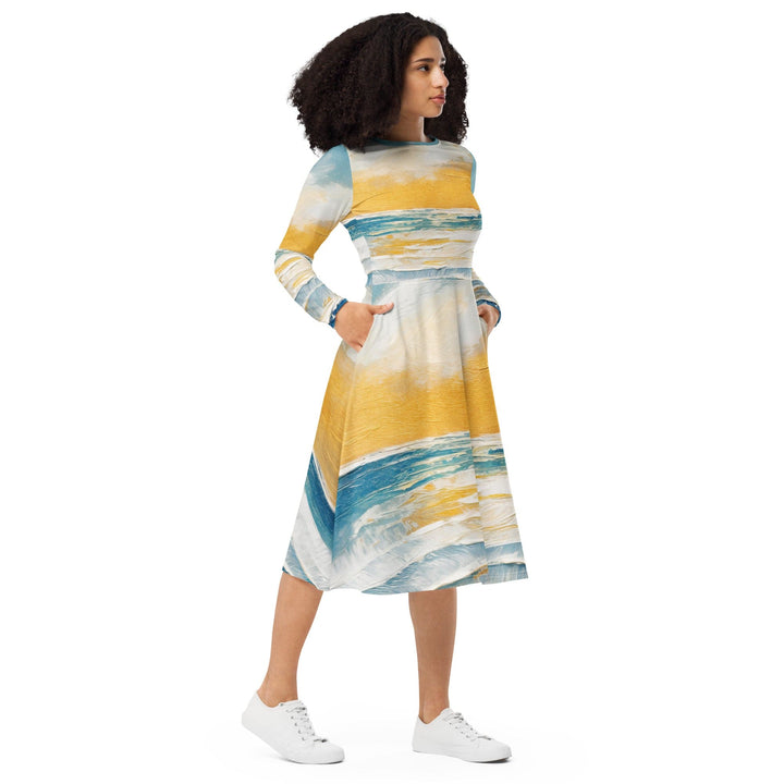 Womens Long Sleeve Midi Dress - Blue Ocean Golden Sunset Print