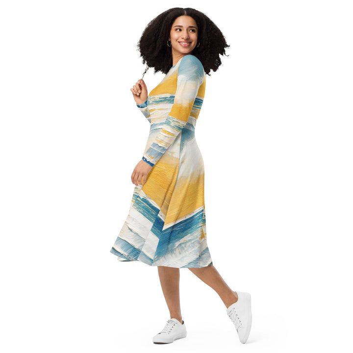 Womens Long Sleeve Midi Dress - Blue Ocean Golden Sunset Print