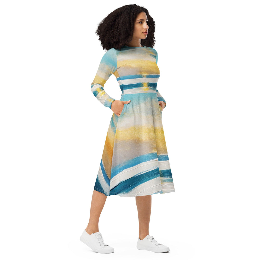 Womens Long Sleeve Midi Dress Blue Ocean Golden Sunset Print - Womens | Dresses