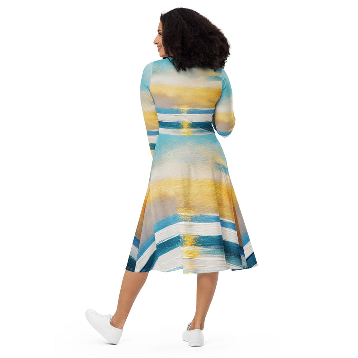 Womens Long Sleeve Midi Dress Blue Ocean Golden Sunset Print - Womens | Dresses