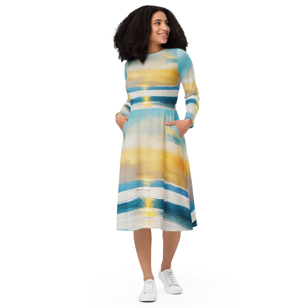 Womens Long Sleeve Midi Dress Blue Ocean Golden Sunset Print - Womens | Dresses